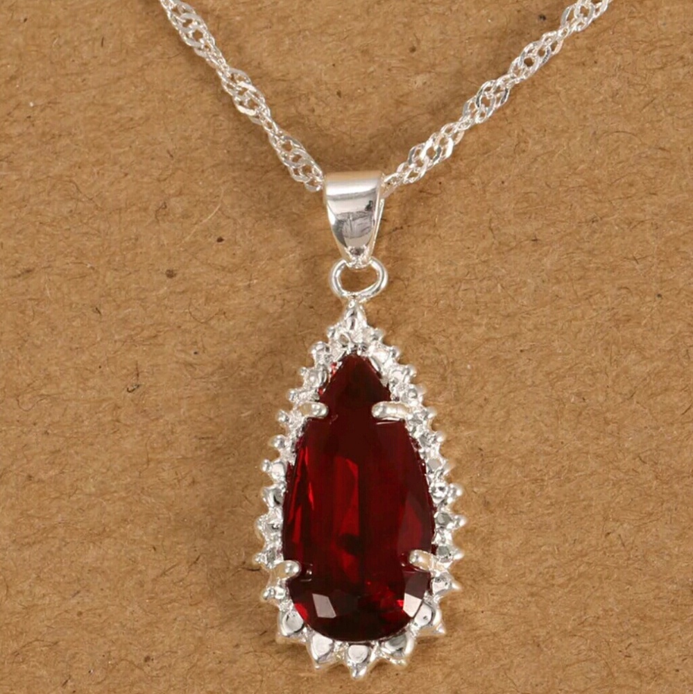 925 Silver Stamped Ruby Red Pendant Necklace♡ - Picture 3 of 8